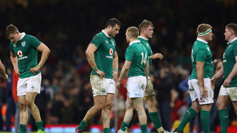 CARDIFF, WALES - MARCH 10:  Ireland players look dejected in defeat after the Six Nations match between Wales and Ireland at the Principality Stadium on Ma