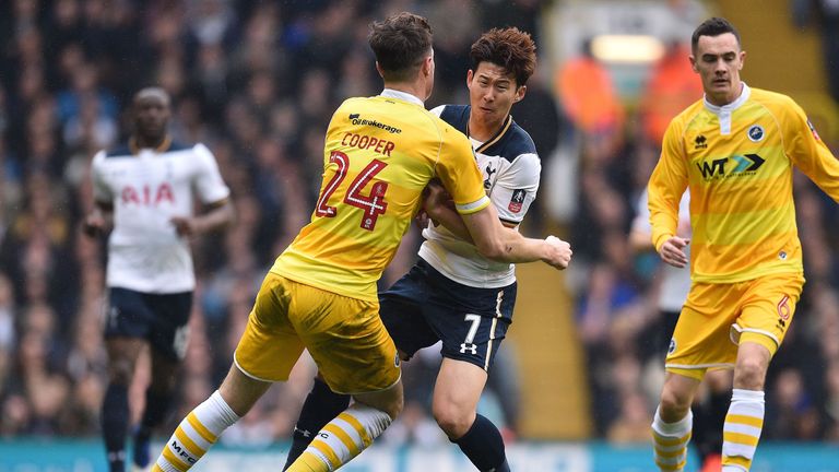 Millwall defender Jake Cooper (L) collides with Tottenham  striker Son Heung-Min during the FA Cup quarter-final