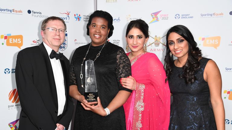 Sonia Smith wins the Mind Wellbeing Award at the third Lycamobile British Ethnic Diversity Sports Awards BEDSAs, held at the Park Lane Hilton Hotel, London