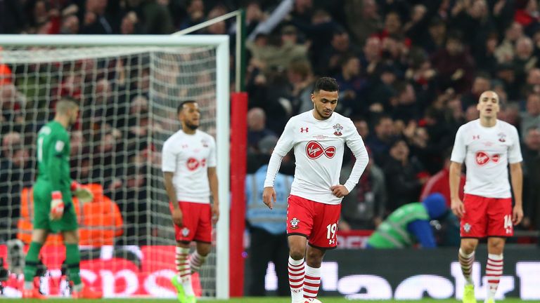LONDON, ENGLAND - FEBRUARY 26:  Sofiane Boufal of Southampton (19) and team mates look dejected as Zlatan Ibrahimovic of Manchester United scores their thi