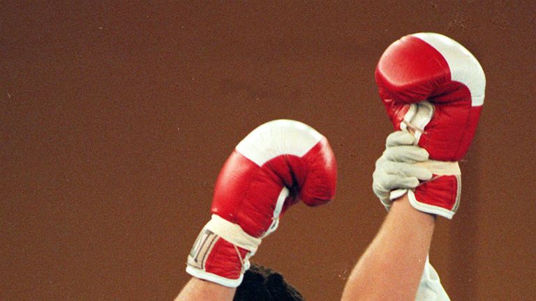 24.08.94 of British boxer Spencer Oliver being pronounced winner of his quarter-final 54kg class at the Commonwealth Games in Canada
