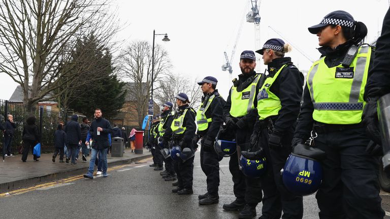 Security measures outside the stadium prior to The Emirates FA Cup Quarter-Final match between Tottenham Hotspur and Millwall 