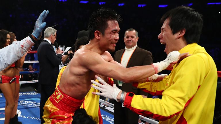 Srisaket Sor Rungvisai  celebrates his upset win over  Roman Gonzalez