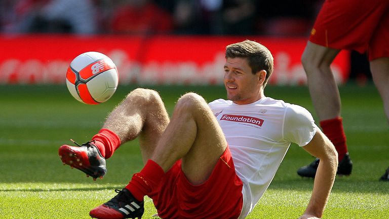 Liverpool's Steven Gerrard during warm-up before the charity match at Anfield