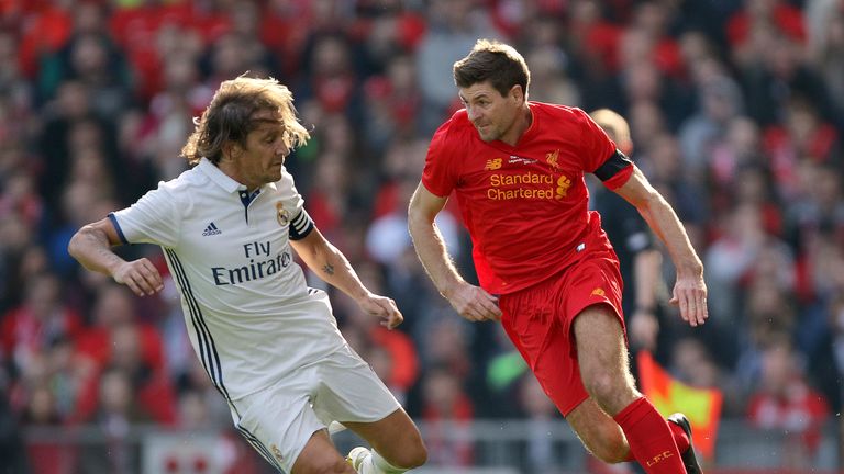 Liverpool's Steven Gerrard in action during the charity match at Anfield, Liverpool.