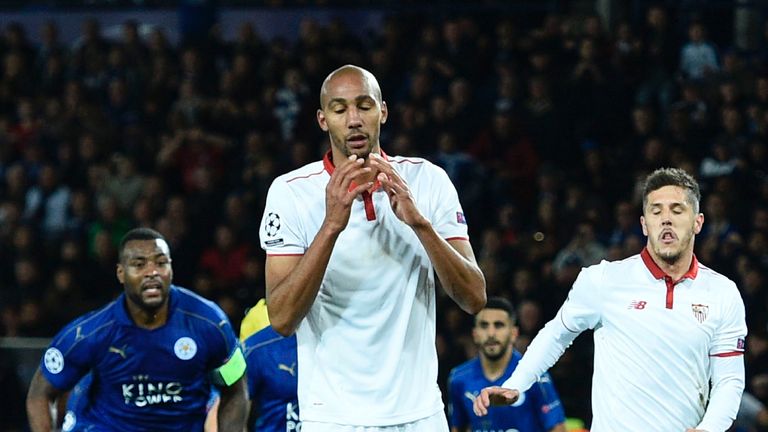 Steven N'Zonzi reacts after seeing his penalty saved during the UEFA Champions League round of 16 match against Leicester City