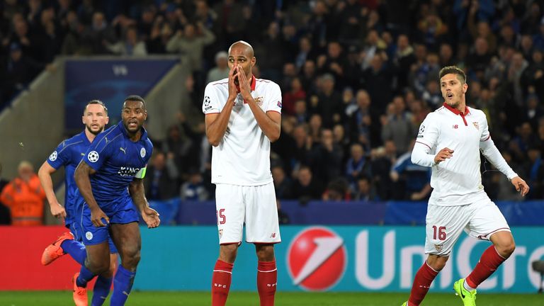 LEICESTER, ENGLAND - MARCH 14:  Steven N'Zonzi of Sevilla reacts after seeing his penalty saved by Kasper Schmeichel of Leicester City during the UEFA Cham