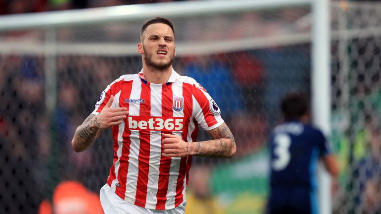 Marko Arnautovic celebrates after scoring Stoke's first goal in game against Middlesbrough