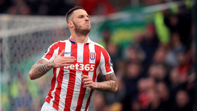 Marko Arnautovic wheels away in celebration after scoring Stoke City's first goal of the game