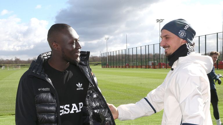 MANCHESTER, ENGLAND - MARCH 02:  (EXCLUSIVE COVERAGE) Zlatan Ibrahimovic of Manchester United meets musician Stormzy at Aon Training Complex on March 2, 20