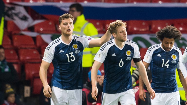 26/03/17 FIFA WORLD CUP QUALIFYING . SCOTLAND v SLOVENIA Scotland's Chris Martin (L) celebrates with team-mate Stuart Armstrong after scoring