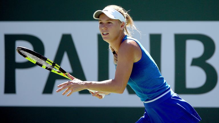 Caroline Wozniacki of Denmark plays Kristina Mladenovic of France during the BNP Paribas Open at the Indian Wells Tennis Garden