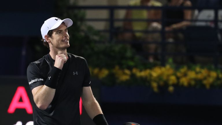 World number one Andy Murray reacts after winning his ATP final tennis match against Fernando Verdasco, during the Dubai Tennis