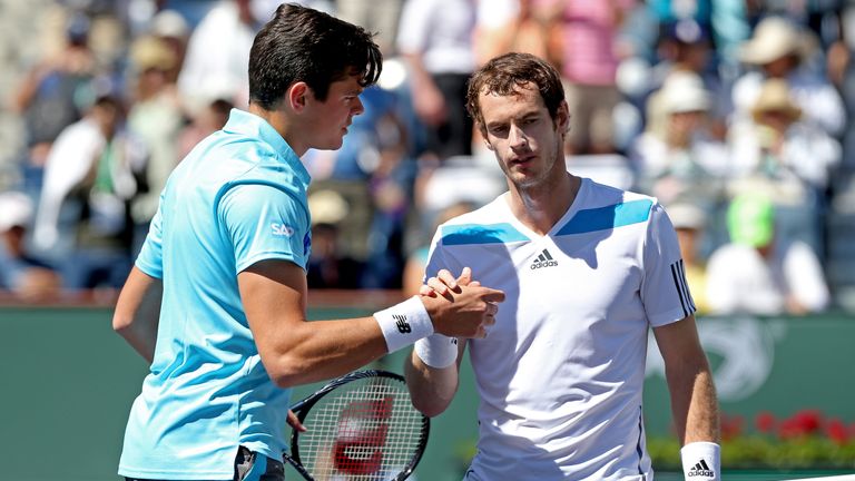 Milos Raonic of Canada is congratulated by Andy Murray of Great Britain after their match during the BNP Parabas Open at Indian Wells