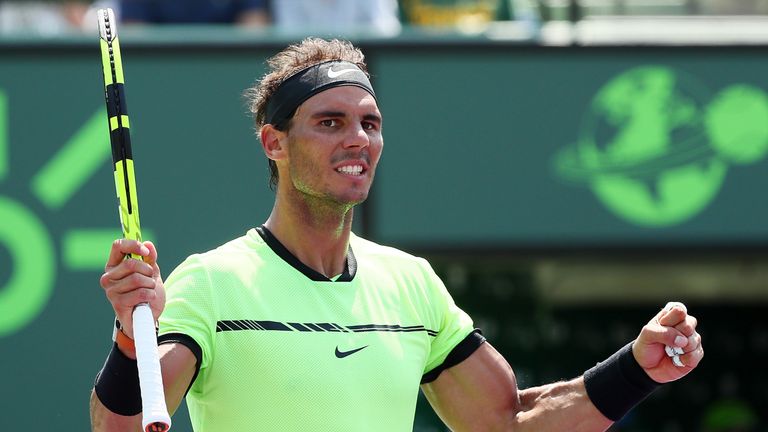Rafael Nadal of Spain celebrates match point against Fabio Fognini of Italy during Day 12 of the Miami Open