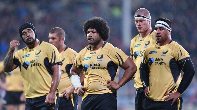 CHRISTCHURCH, NEW ZEALAND - MARCH 24: Tetera Faulkner, Tatafu Polota-Nau, Matt Philip and Pek Cowan of the Force (L-R) reacting during the round five Super