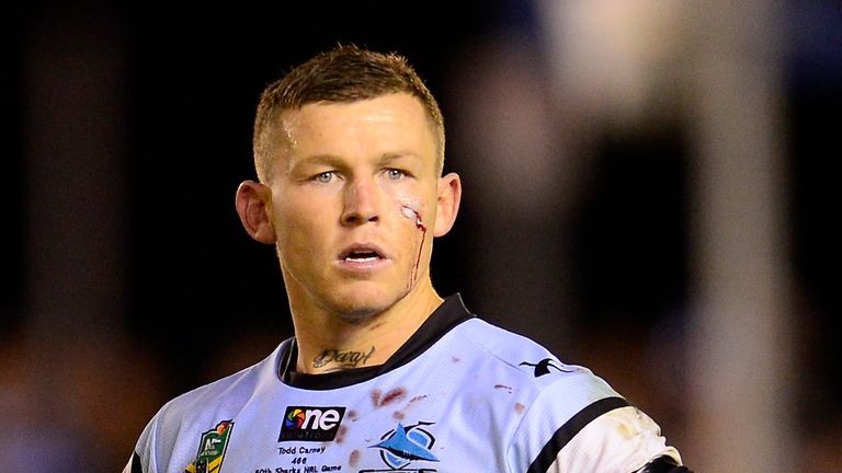 SYDNEY, AUSTRALIA - JUNE 21 2014: Todd Carney of the Sharks looks on during the round 15 NRL match between the Sharks and the Sea Eagles