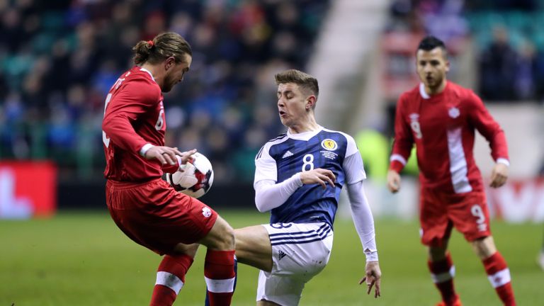 Scotland's Tom Cairney (right) and Canada's Samuel Piette battle for the ball during the International Friendly match at Easter Road, Edinburgh