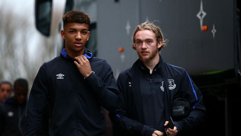 MIDDLESBROUGH, ENGLAND - FEBRUARY 11: Tom Davies (R) and Mason Holgate (L) of Everton arrive at the stadium prior to the Premier League match between Middl