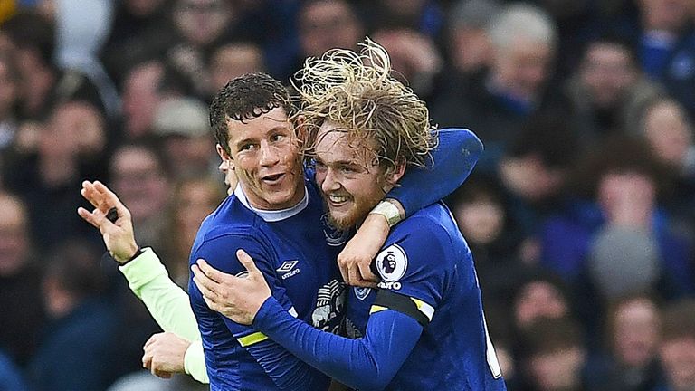 Tom Davies celebrates with team-mate Ross Barkley after scoring Everton's third goal against Manchester City  in January