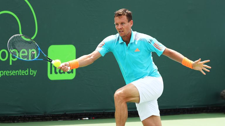 KEY BISCAYNE, FL - MARCH 25:  Tomas Berdych of the Czech Republic returns a shot against Andrey Rublev of Russia  during day 6 of the Miami Open at Crandon