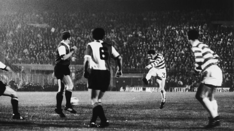 Gemmell scores against Feyenoord at the San Siro in 1970