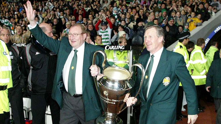Two of Celtic's Lisbon Lions Tommy Gemmell and Billy McNeill with the European Cup