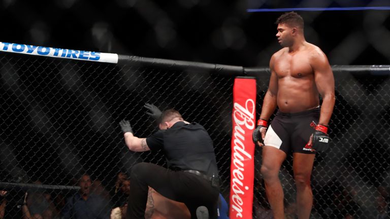 Alistair Overeem (R) of the Netherlands after knocking out Mark Hunt of Australia