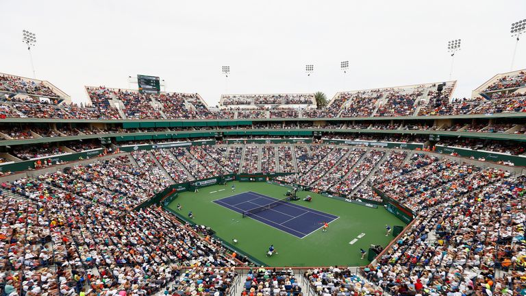 A general view of Roger Federer of Switzerland in action against Novak Djokovic of Serbia in the Indian Wells final