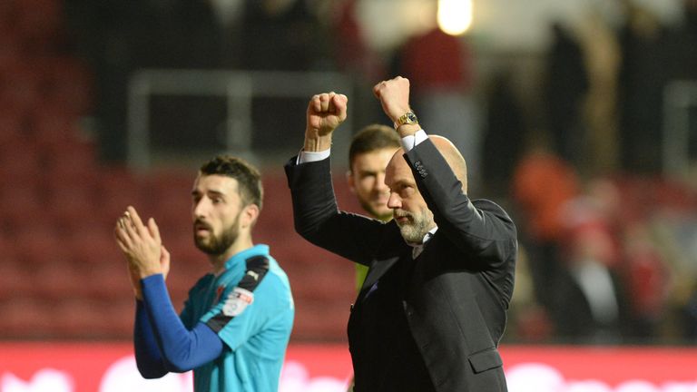 Fleetwood Town manager Uwe Rosler celebrates an FA Cup victory over Bristol City
