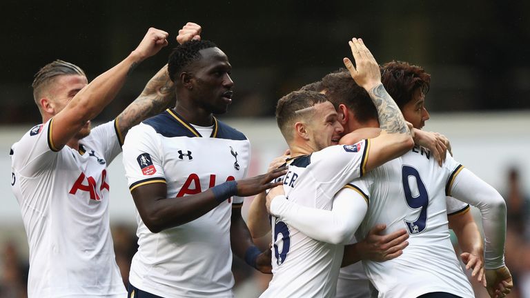 Vincent Janssen is mobbed by team-mates after scoring Tottenham's fifth of the gamwe