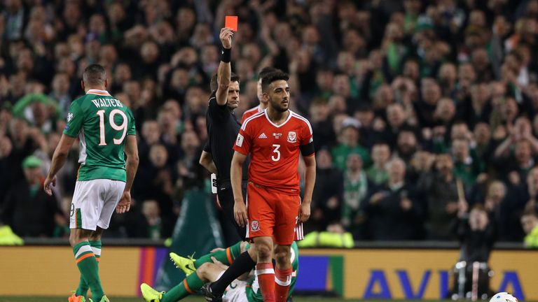 Wales' Neil Taylor is sent off during the 2018 FIFA World Cup Qualifying, Group D match at the Aviva Stadium, Dublin.