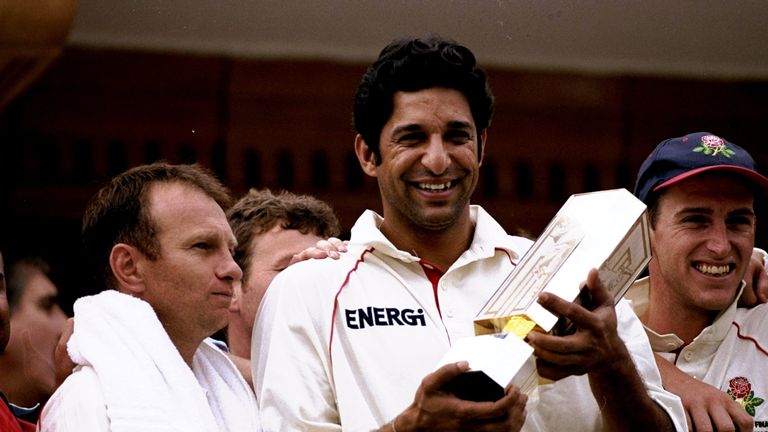 6 Aug 1998:  Wasim Akram of Lancashire holds the trophy after winning the match between Lancashire v Derbyshire in the 1998 Natwest Trophy Final