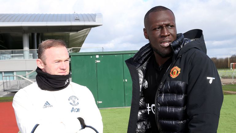 MANCHESTER, ENGLAND - MARCH 02:  (EXCLUSIVE COVERAGE) Wayne Rooney of Manchester United meets musician Stormzy at Aon Training Complex on March 2, 2017 in 