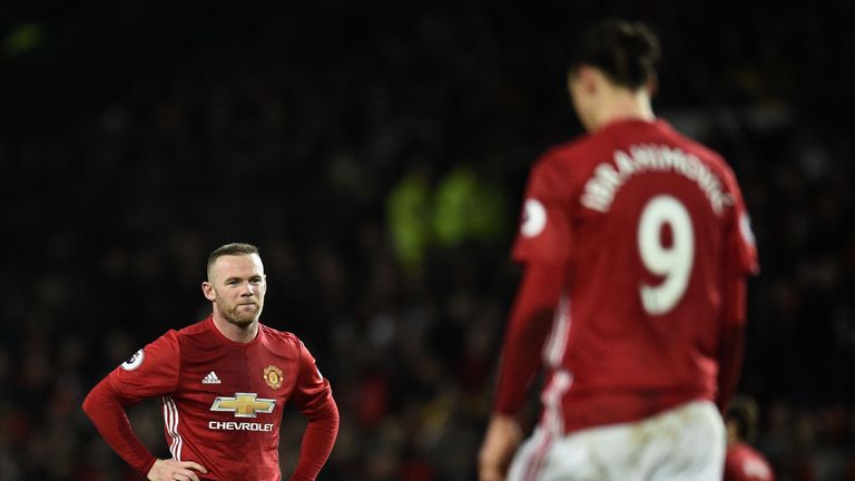 Manchester United's English striker Wayne Rooney (L) anmd Manchester United's Swedish striker Zlatan Ibrahimovic react during the English Premier League fo