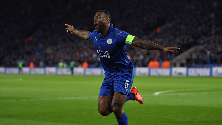 LEICESTER, ENGLAND - MARCH 14:  Wes Morgan of Leicester City celebrates after scoring the opening goal during the UEFA Champions League Round of 16, second
