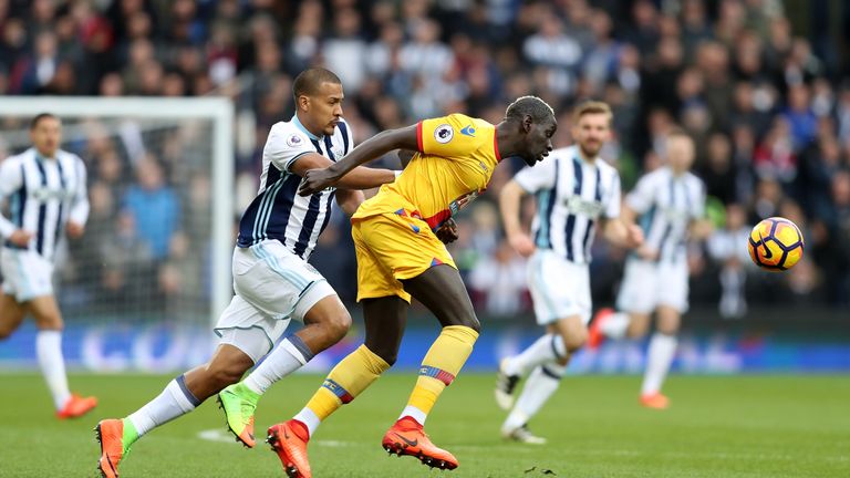 WEST BROMWICH, ENGLAND - MARCH 04: Jose Salomon Rondon of West Bromwich Albion (L) and Bakary Sako of Crystal Palace (R) battle for possession