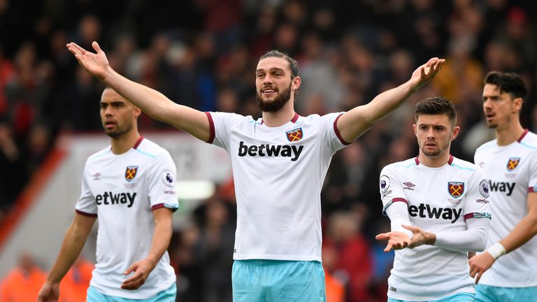BOURNEMOUTH, ENGLAND - MARCH 11:  Andy Carroll of West Ham United (9) and team mates appeal as Joshua King of AFC Bournemouth scores their second goal duri