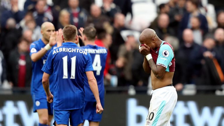 West Ham United's Andre Ayew reacts during the Premier League match at London Stadium.