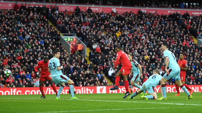 LIVERPOOL, ENGLAND - MARCH 12:  Georginio Wijnaldum of Liverpool (5) scores their first and equalising goal during the Premier League match between Liverpo
