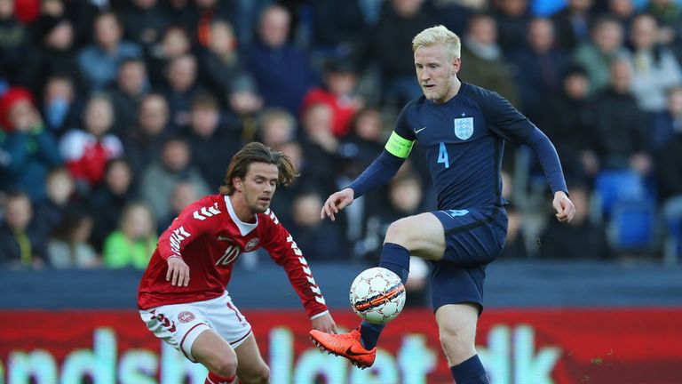 RANDERS, DENMARK - MARCH 27:  Will Hughes of England controls the ball from Lucas Andersen of Denmark during the U21 international friendly match between D