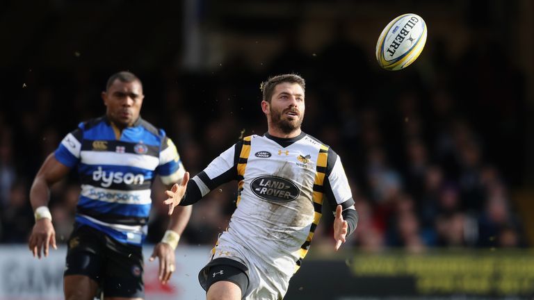 BATH - MARCH 04 2017:  Willie le Roux of Wasps catches the ball during the Aviva Premiership match between Bath and Wasps at the Recreation Ground