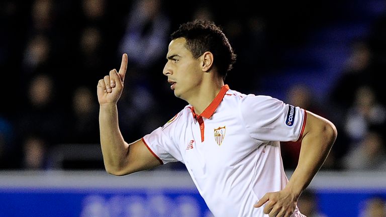 Sevilla's French forward Wissam Ben Yedder celebrates after scoring his team's first goal during the Spanish league football match Deportivo Alaves vs Sevi