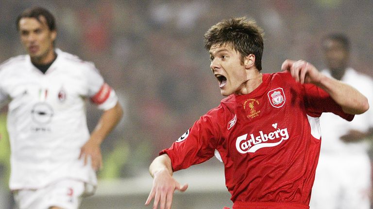 Xavi Alonso scores for Liverpool during Champions League final in Istanbul on 25 May 2005