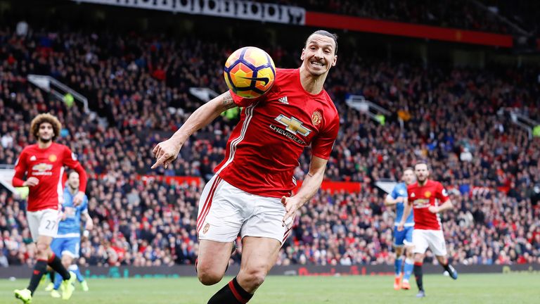 Zlatan Ibrahimovic chases a loose ball during the Premier League match against Bournemouth at Old Trafford