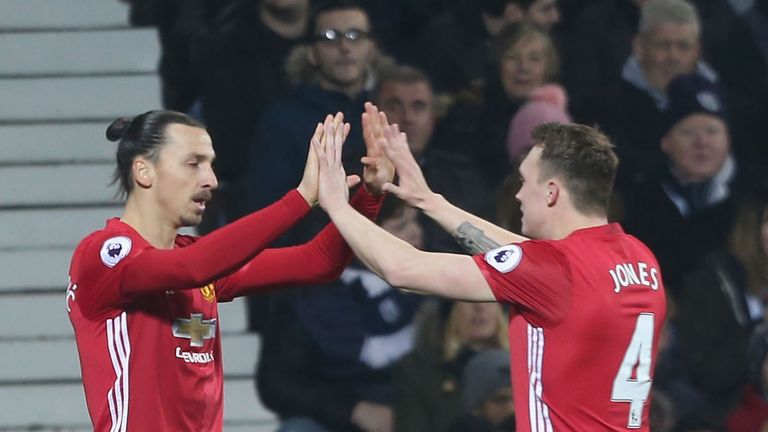 Zlatan Ibrahimovic and Phil Jones celebrate a Manchester United goal