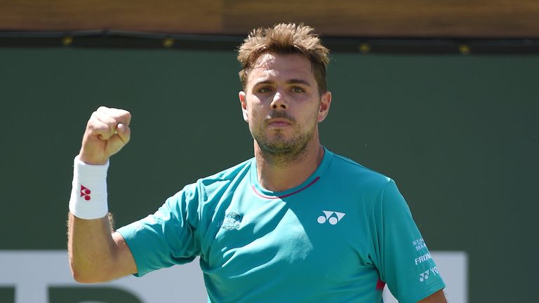 INDIAN WELLS, CA - MARCH 18: Stanislas Wawrinka of Switzerland celebrates after his straight sets victory against Pablo Carreno Busta of Spain in their sem