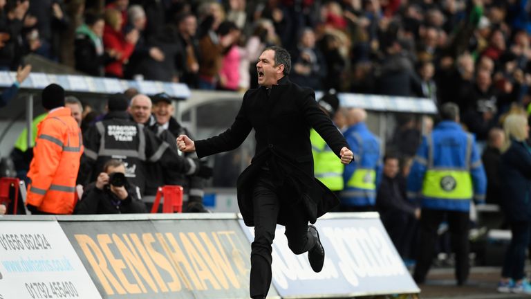 Paul Clement ran down the touchline to celebrate Swansea's late winner against Burnley