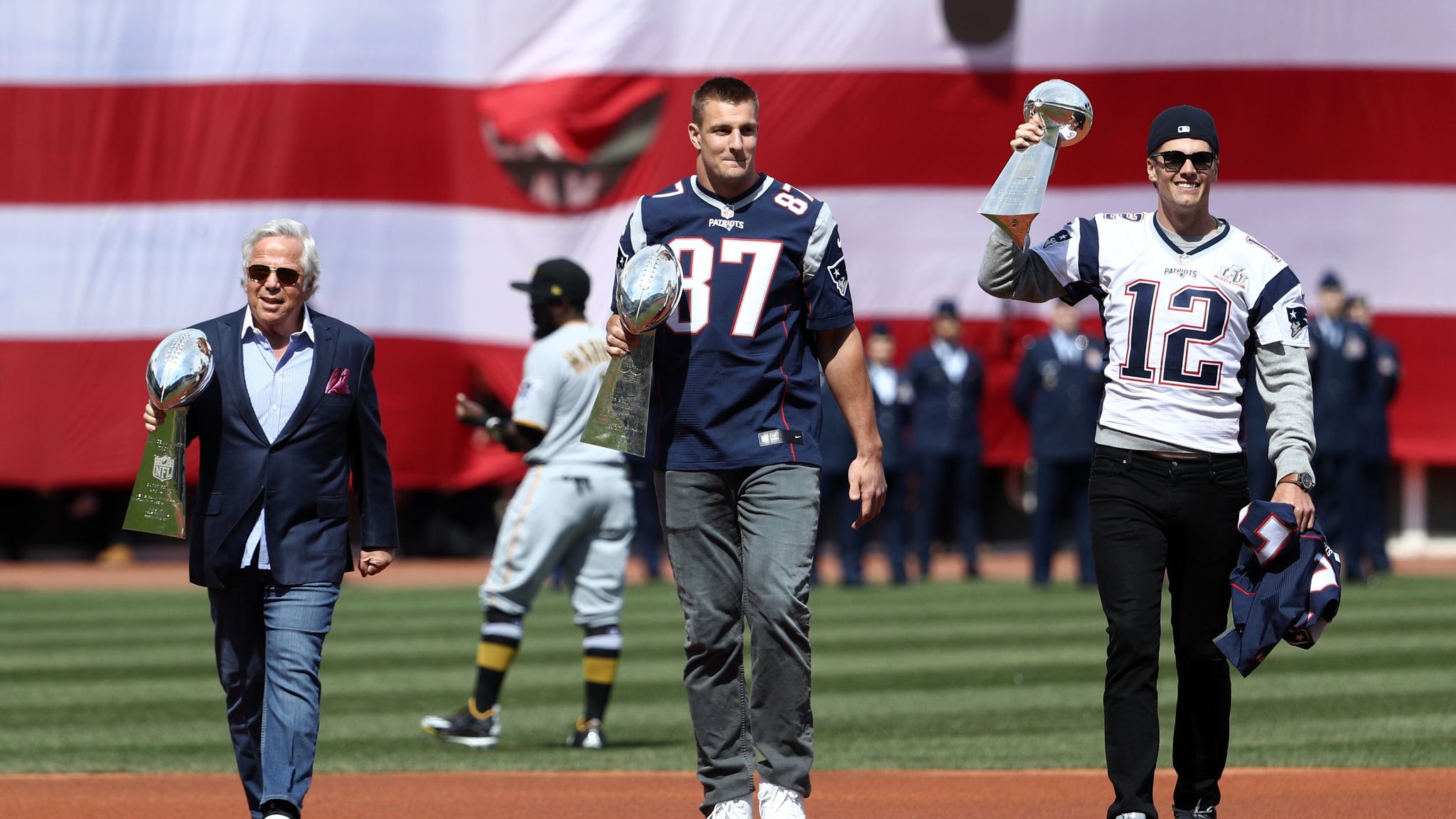 Rob Gronkowski 'steals' Tom Brady's jersey at Red Sox opening day ...