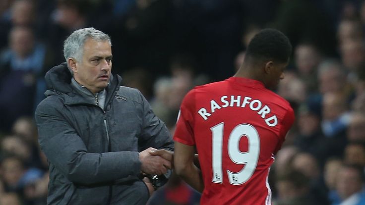 Jose Mourinho shakes Marcus Rashford's hand as he is subbed